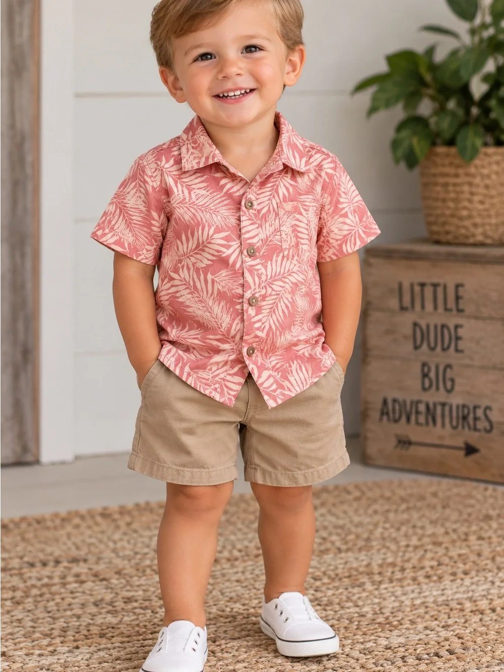 NWT Toddler Leaf Print Button-Up Shirt & Khaki Shorts Set